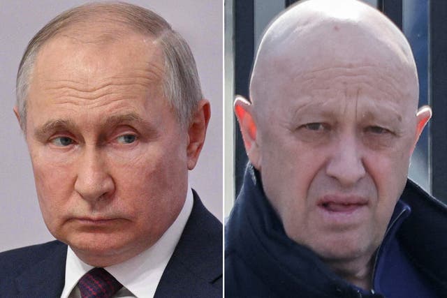 <p>Vladimir Putin, left, has so far tolerated Yevgeny Prigozhin’s rants against the defence ministry </p>